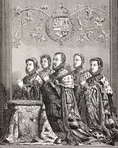 Koning Filips II van Spanje met zijn drie vrouwen, uit 